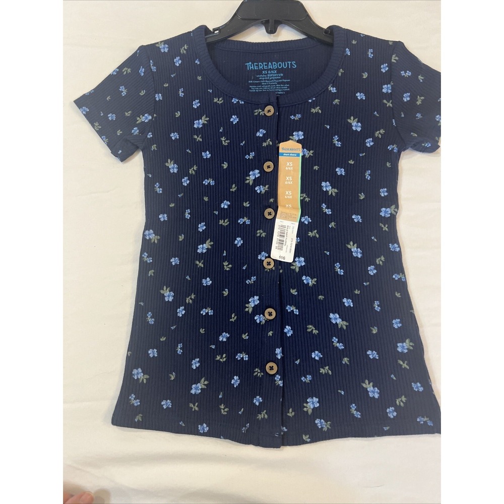 New Thereabouts Floral Tee Shirt Blue Girls Size XS 6X Short Sleeve Button‎ Up